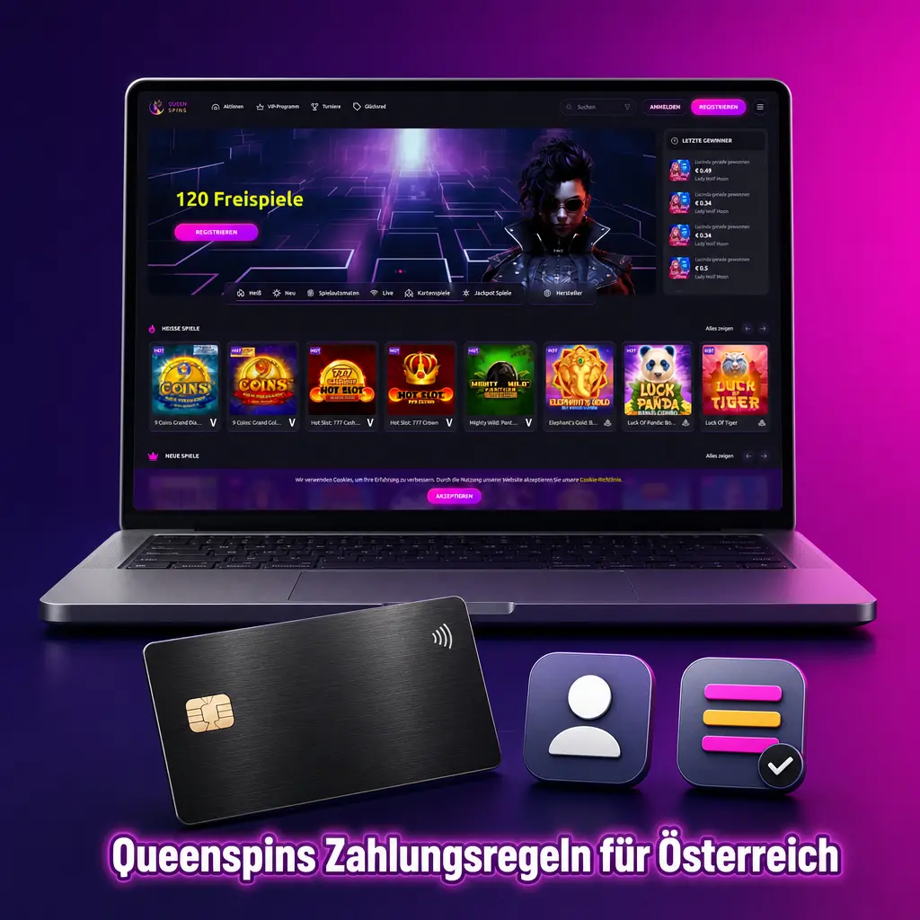 Queenspins Zahlungsregeln Österreich: Verifizierung, Auszahlungsweg, Mindestalter, EUR-Abrechnung und Bonusbedingungen im Überblick.